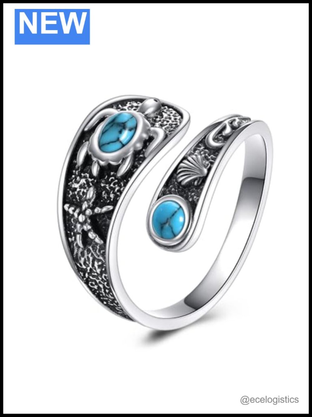 925 Sterling Silver Open Spoon Ring Turquoise Adjustable Band